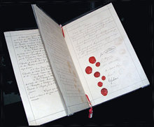 Το πρωτότυπο έγγραφο από την πρώτη Σύμβαση της Γενεύης το 1864 προβλέπει τη μέριμνα για τους τραυματισμένους στρατιώτες.